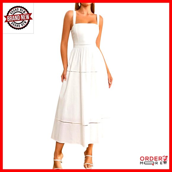Elegant Square Neck Corset Midi Dress Flowy A Line Wedding Guest Tea Party Elegant Square Neck Corset Midi Dress Flowy A Line Wedding Guest Tea Party